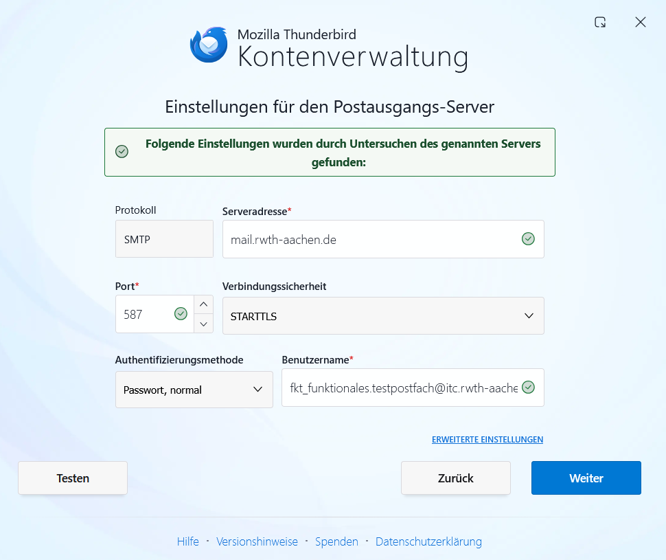 Einstellungen für den Postausgangs-Server