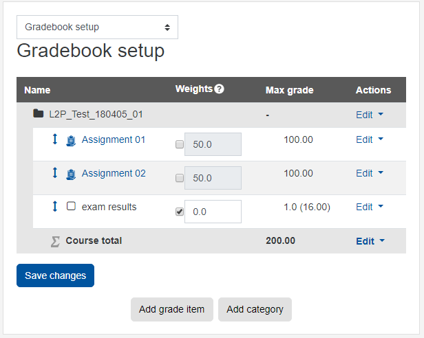 Gradebook with grade item Screesnhot: Gradebook overview with grade item