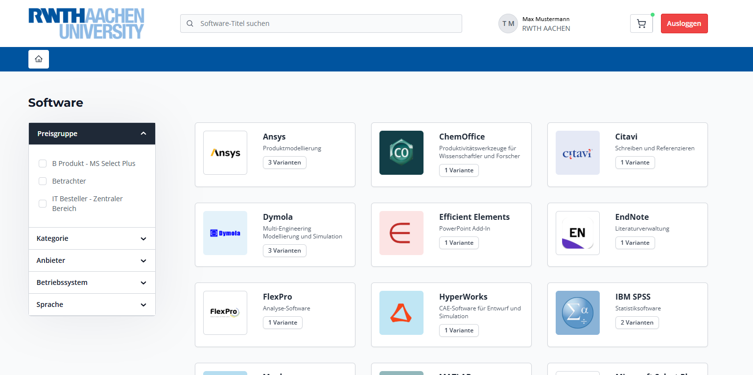Der Screenshots zeigt den Softwareshop der RWTH an mit Beispielen von Software, die zur Auswahl stehen.