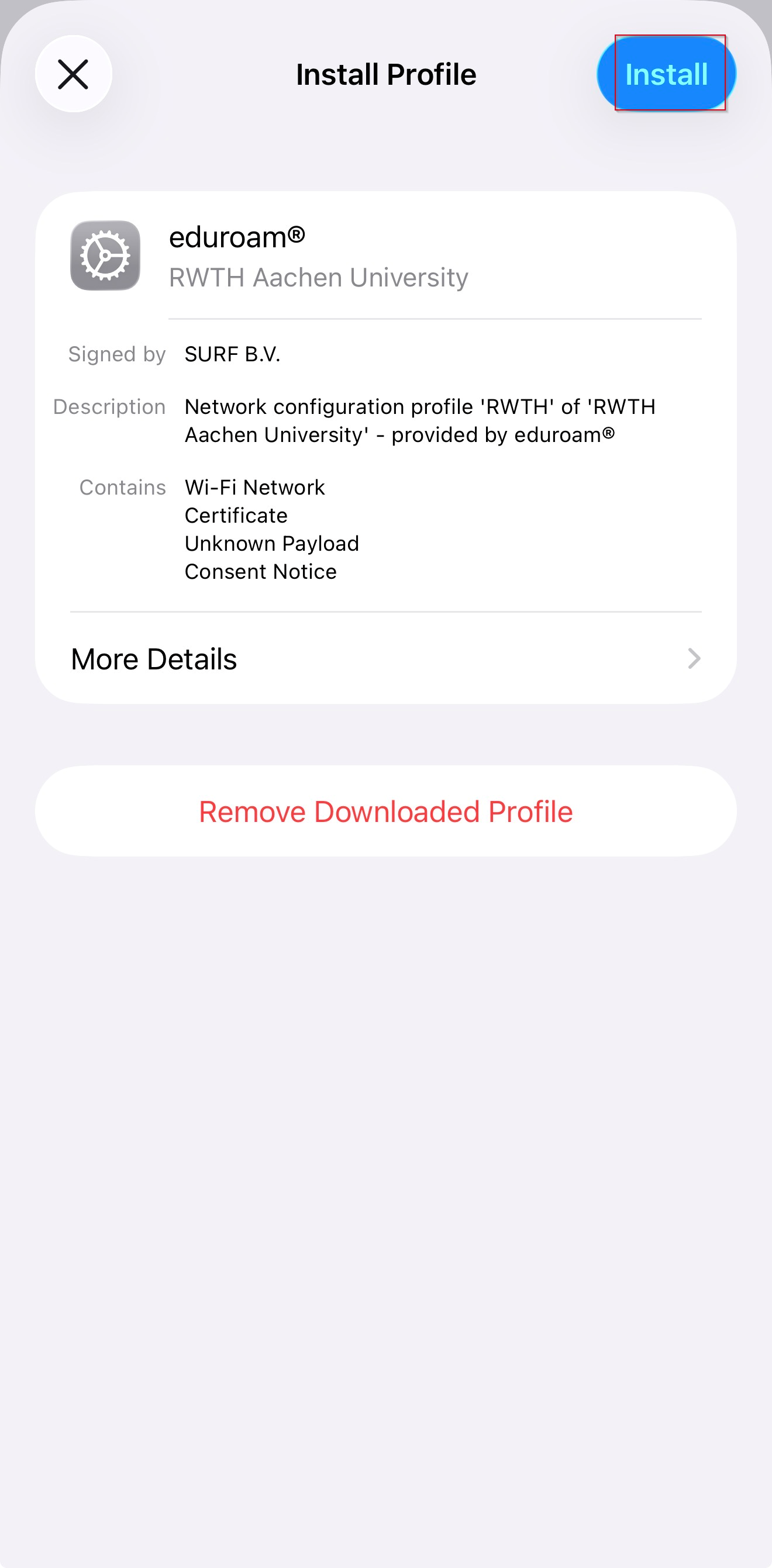 Eduroam profile in iOS Settings.