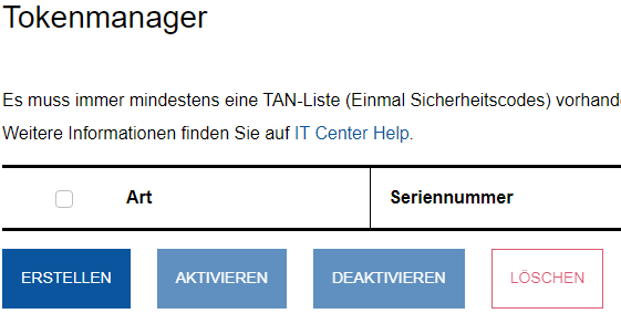 Erster Token erstellen Screenshot des Tokenmanagers. Token werden in einer Tabelle angezeigt. Bei der ersten Einrichtung ist diese leer. Der Button „ERSTELLEN“ befindet sich unterhalb der Tabelle.