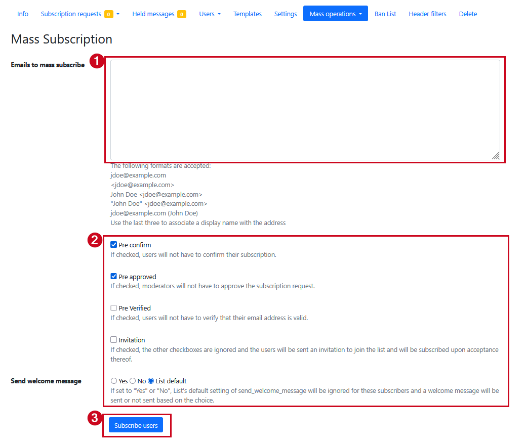 The option for mass subscription in Mailman.