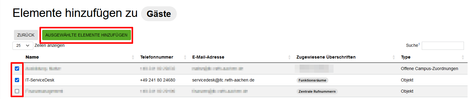 Screenshot der Ansicht "Elemente hinzufügen". "Ausgewählte Elemente hinzufügen“, befindet sich über der Tabelle mit den Elementen. Die Elemente können mit einer Checkbox vor dem jeweiligen Element ausgewählt werden.