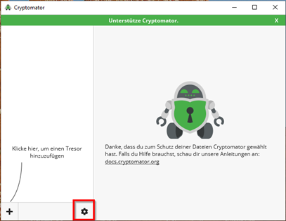 Screenshot der Startseite der Crytomator App auf dem unten links der Zahnrad-Button markiert ist.