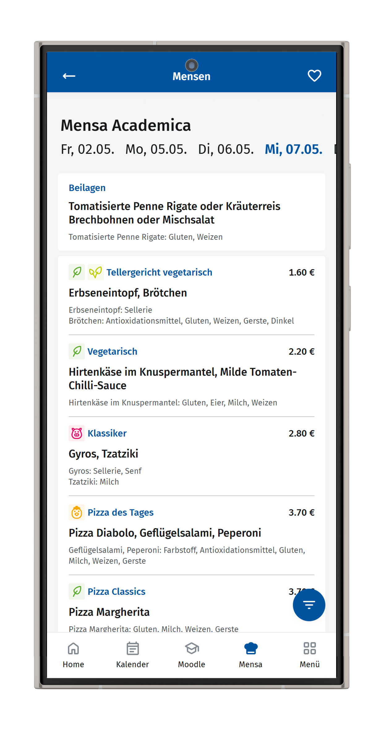 Screenshot des Mensa-Speiseplans.