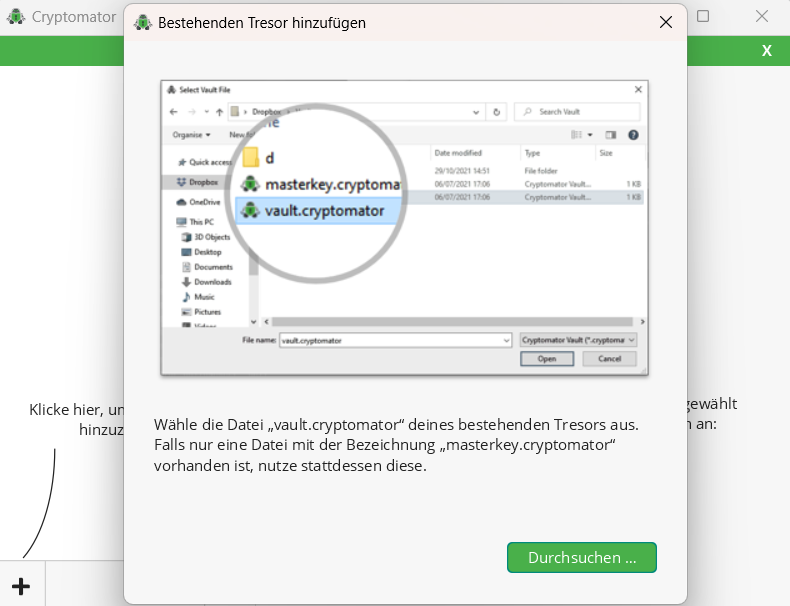 Screenshot des Dialogfensters zur Auswahl eines bestehenden Tresors.