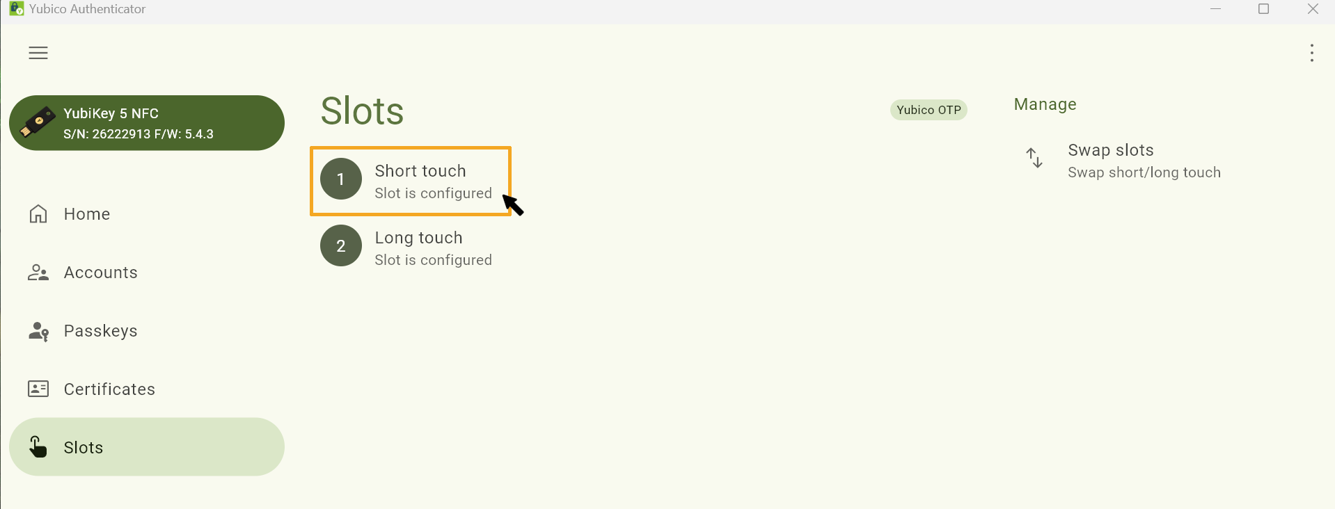 Screenshot of the Yubico Authenticator, the menu item “Slots” is selected. The setup options are shown below. 1. “short touch” and 2. “long touch”.