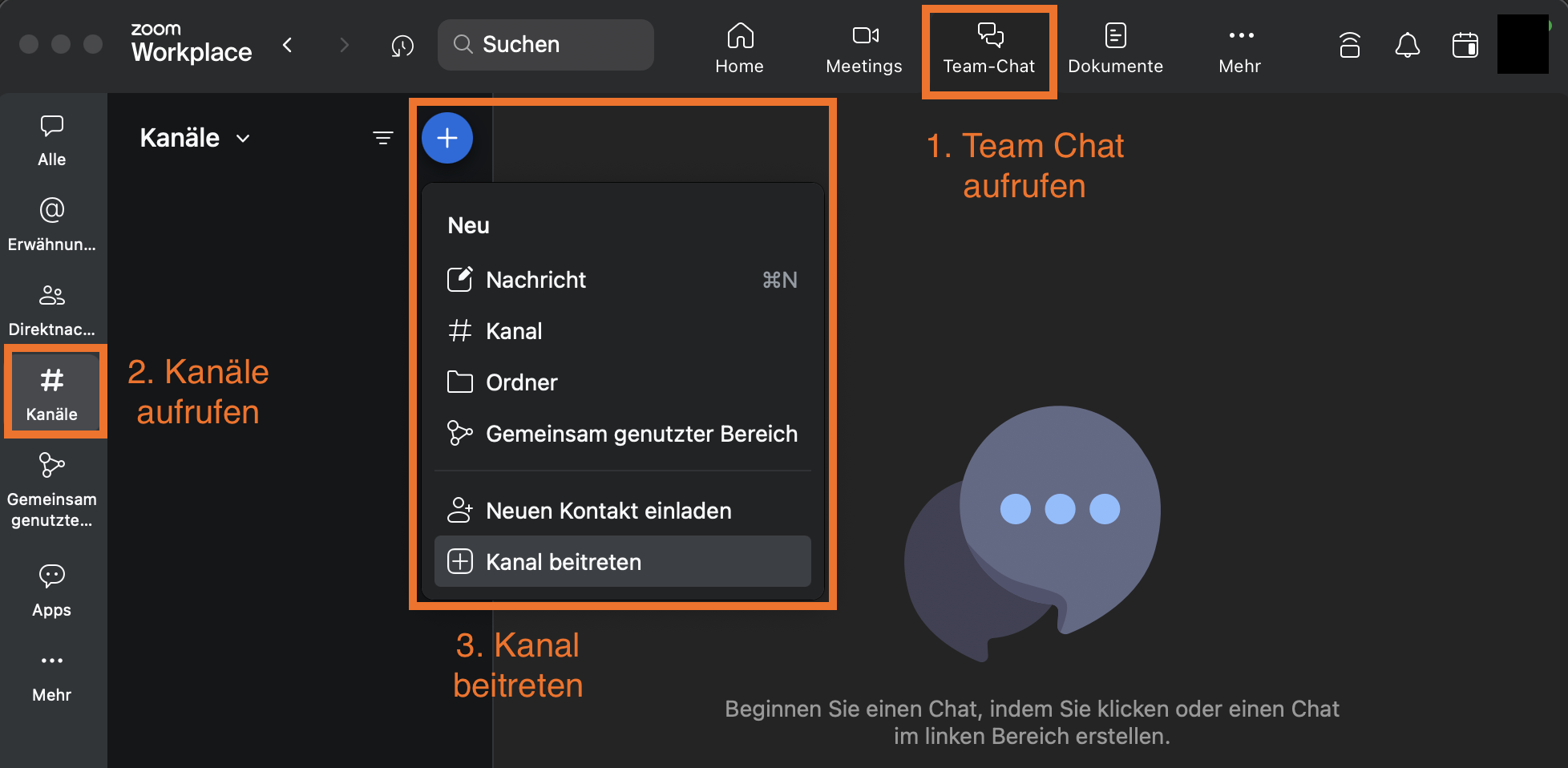Screenshot des Desktop-Clients. Die relevanten Schritte und Bereiche sind hervorgehoben.