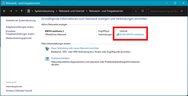 Screenshot des Netzwerk- und Freigabecenters. RWTH-Institutes befinden sich im Bereich "Aktive Netzwerke anzeigen", neben "Verbindungen".
