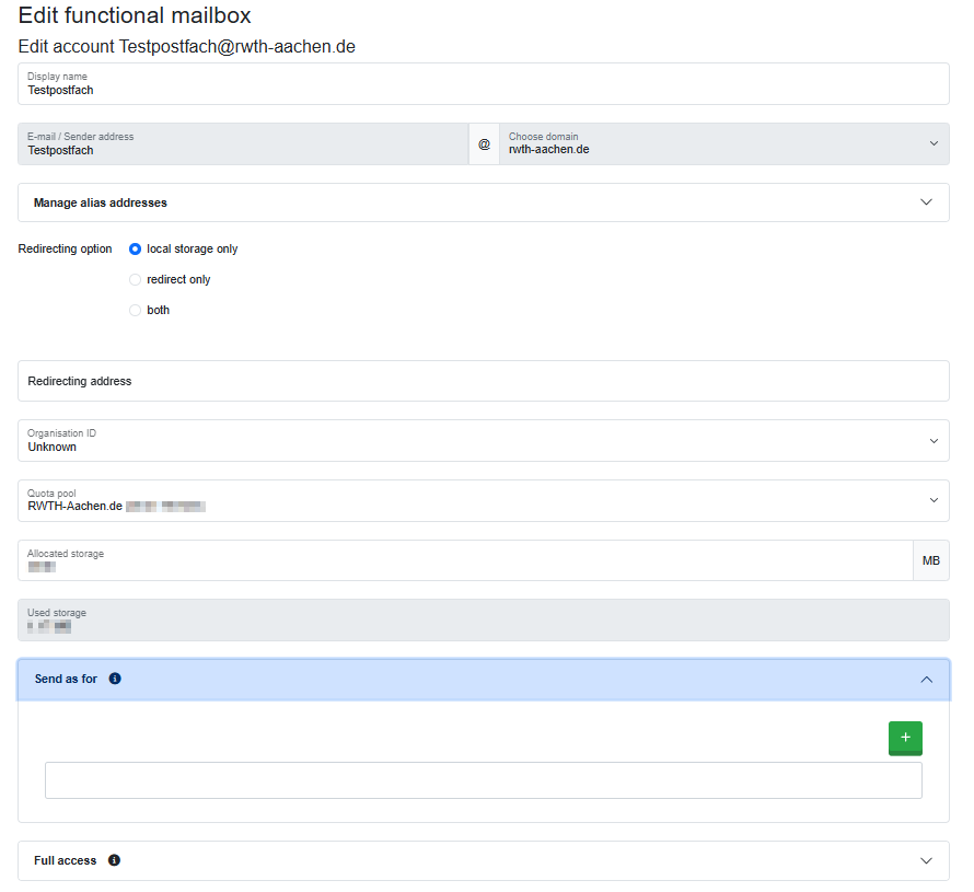 Configuring send as for option via MailAdm A screenshot of the MailAdm interface. The image shows the editing view of a functional mailbox. The option 'Send as for' is expanded.