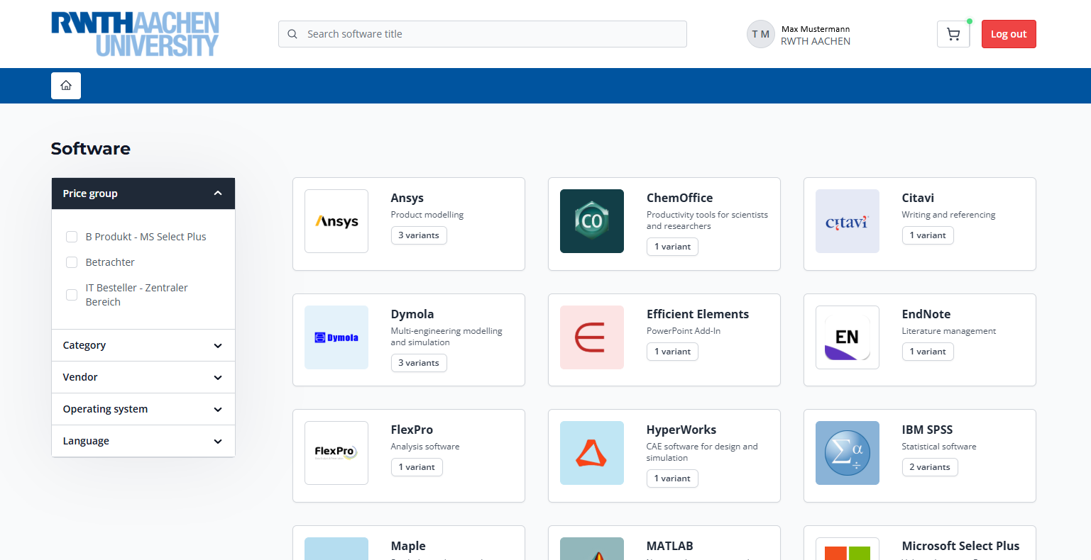 The screenshot shows the RWTH software shop with examples of software available for selection.