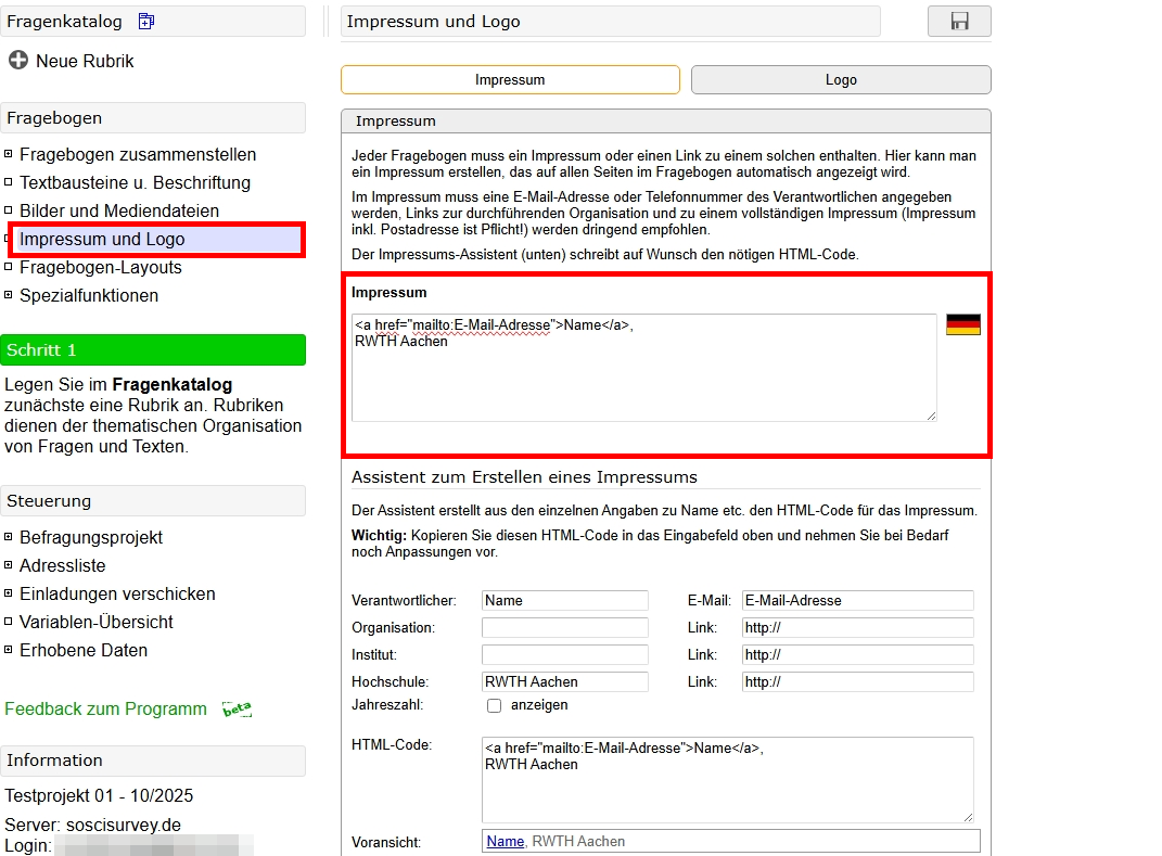 Screenshot des Abschnitts "Impressum und Logo". Unter "Impressum" befindet sich einen Freitextfeld.