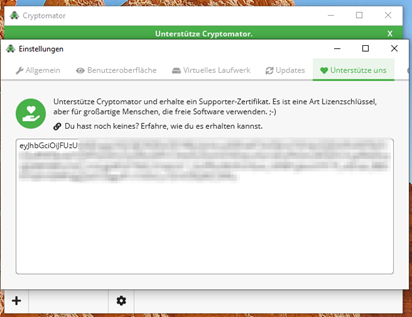 Screenshot des Fensters Einstellungen im Reiter "Unterstütze uns".