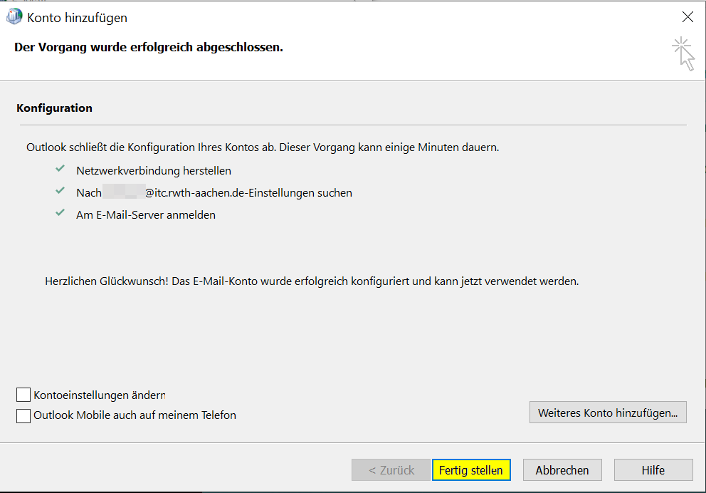 Meldung zur erfolgreichen Konfiguration vom Profil Meldung zur erfolgreichen Konfiguration vom Profil
