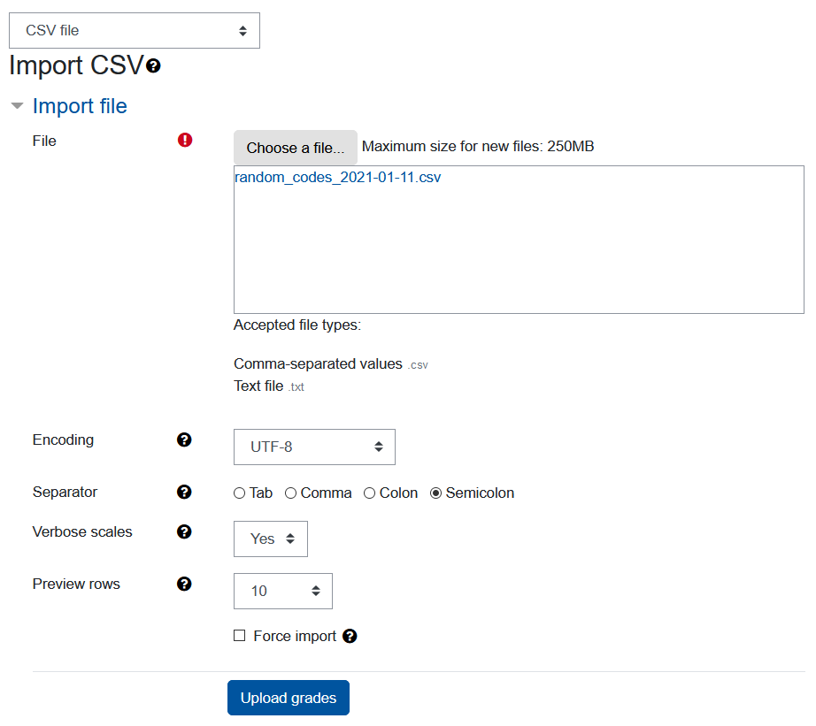 CSV import settings Screenshot CSV import settings