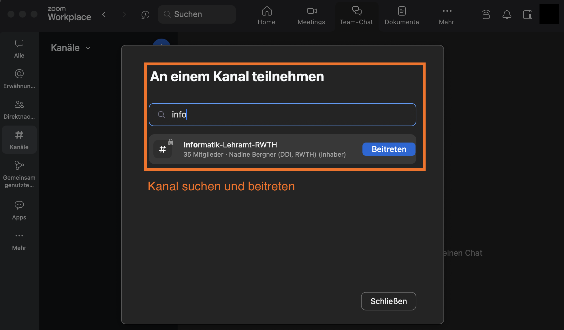 Screenshot des Desktop-Clients mit der Option zum Suchen eines Kanals.