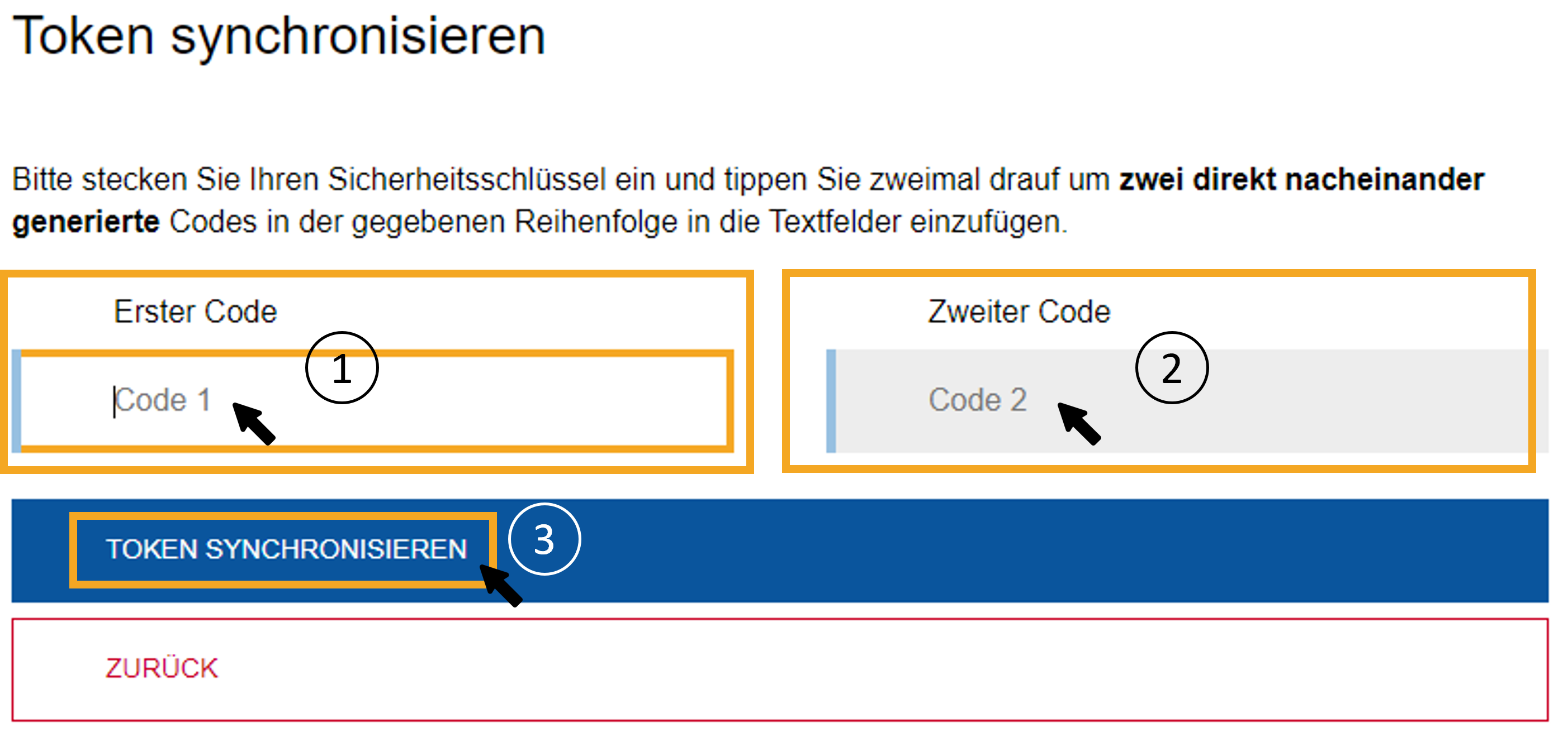 Screenshot der Seite zum „Token synchronisieren“.  Der erste Code wird in das Feld „code 1“ eingegeben und der zweite Code in das Feld „code 2“. Der Button „Token synchronisieren“ befindet sich am Ender der Seite.