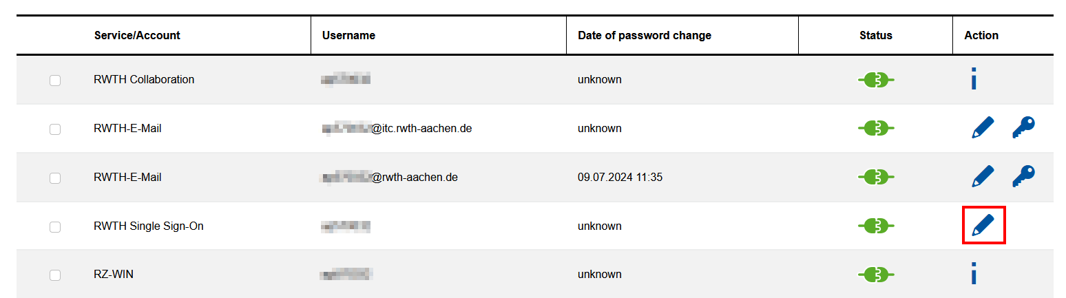 Screenshot of the “Account overview”. Your accounts are listed in a table. You will find the single sign-on in the “Service/Account” column. After the status, the link to the single sign-on overview is read out (no image or link description).