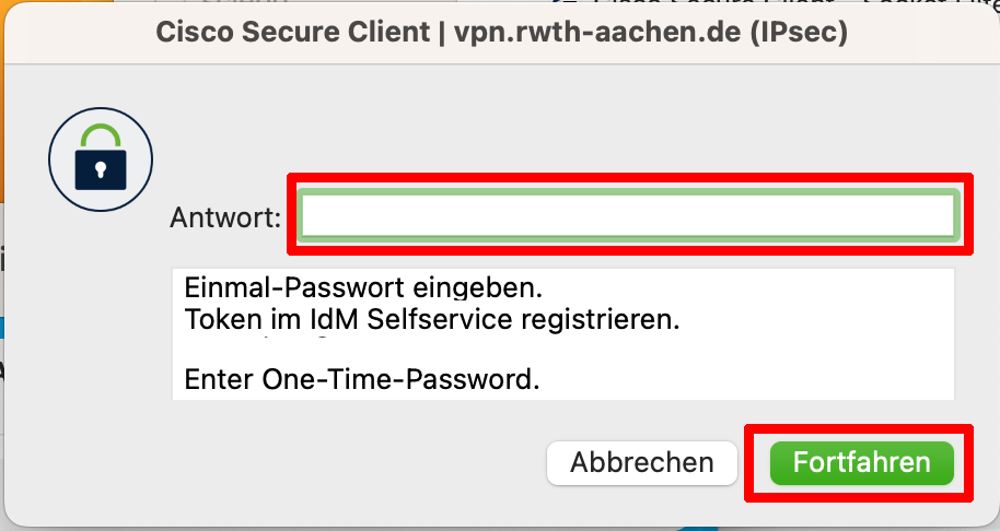 Aufforderung zur Eingabe von einem Einmalkennwort Aufforderung zur Eingabe von einem Einmalkennwort