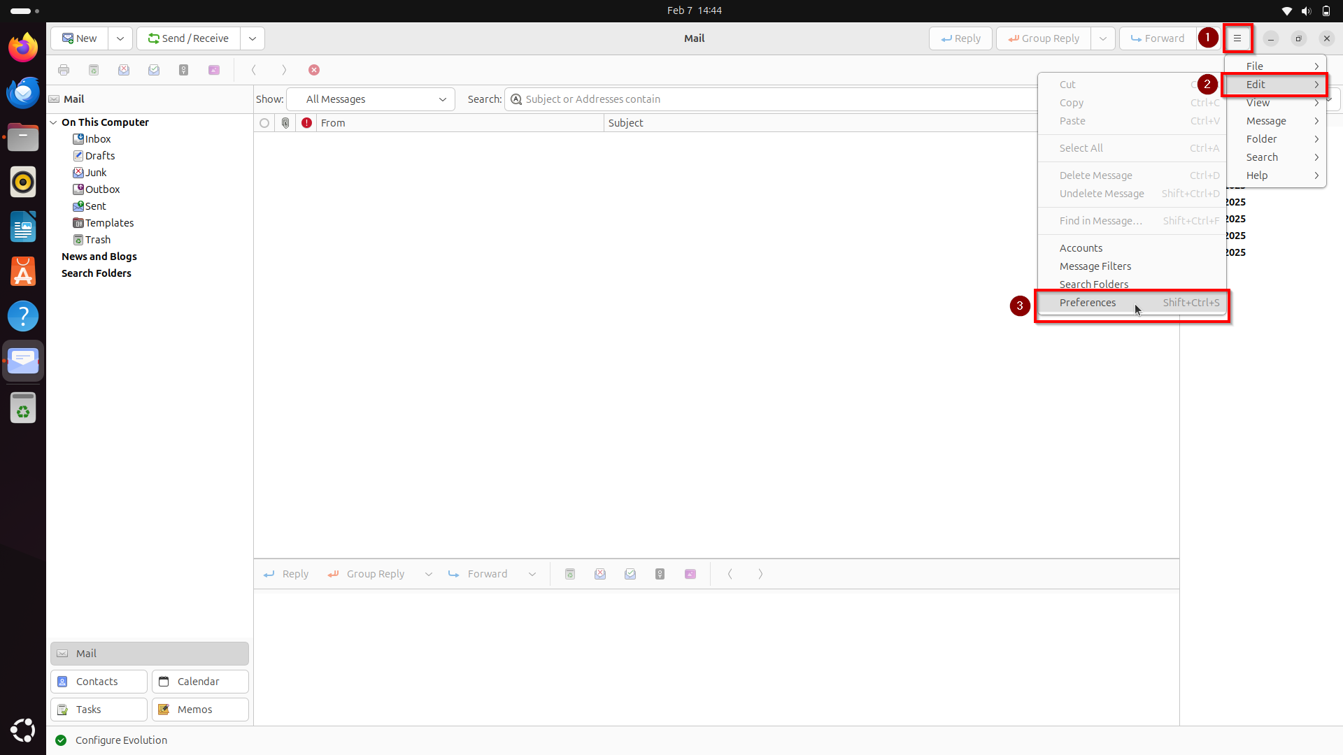 Screenshot of the Evolution client: The burger menu is highlighted and expanded at the top right. The expanded menu shows the path from ‘Edit’ to ‘Settings’.