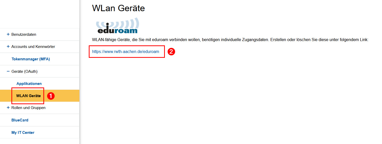 Screenshot des Bereichs "WLAN Geräte" im aufklappbaren Bereich "Geräte (OAuth)". Unter einem Hinweistext befindet sich die URL des eduroam Gerätemanagers.