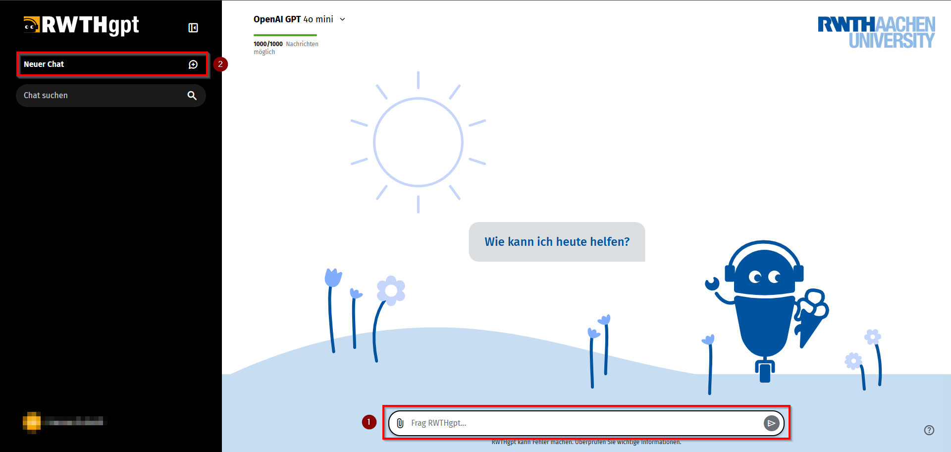 Screenshot der RWTHgpt Benutzeroberfläche auf dem links der Butten "Neuer Chat" und unten mittig die Eingabezeile markiert ist.