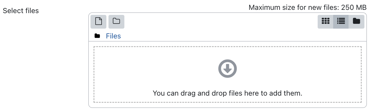 Screenshot: "Select files" dialogue. The first line shows the text "Maximum size for new files: 250 MB". Below this the drag and drop area takes the rest of the picture. It has a line of icons, "File", "Folder", and three icons to display the files, "Symbols"; "List", and "Folder structure". An arrow facing down in a circle and the text "You can drag and drop files here to add them" mark a large area.