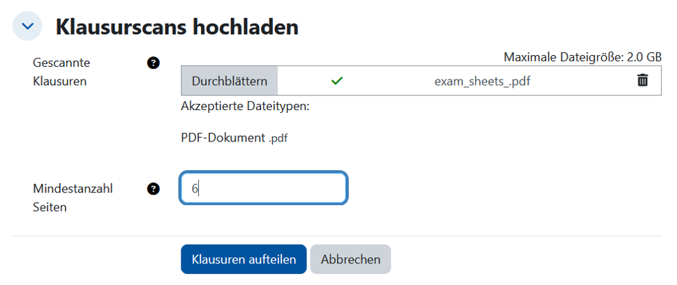 Screenshot der Seite zum Aufteilen der Klausurscans. Im Uploadfeld ist eine Beispieldatei hochgeladen. Darunter ein Eingabefeld mit der Mindestseitenzahl, aktuell mit dem Wert 6. Über den Button "Klausuren aufteilen" kann der Prozess zum Aufteilen angestoßen werden.