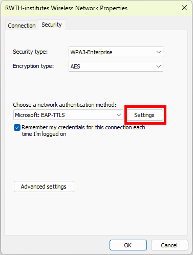 Screenshot of the Security tab. The “Settings” button is located after the “Choose a network authentication method” drop-down menu.