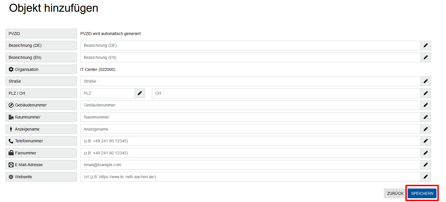 Objekt hinzufügen Screenshot der Ansicht "Objekt hinzufügen". Objektdaten sind tabellarisch aufgeführt. Die Werte können nach der Bezeichnung des jeweiligen Wertes eingetragen werden. Der Button „Speichern“ befindet sich am Ende der Seite.