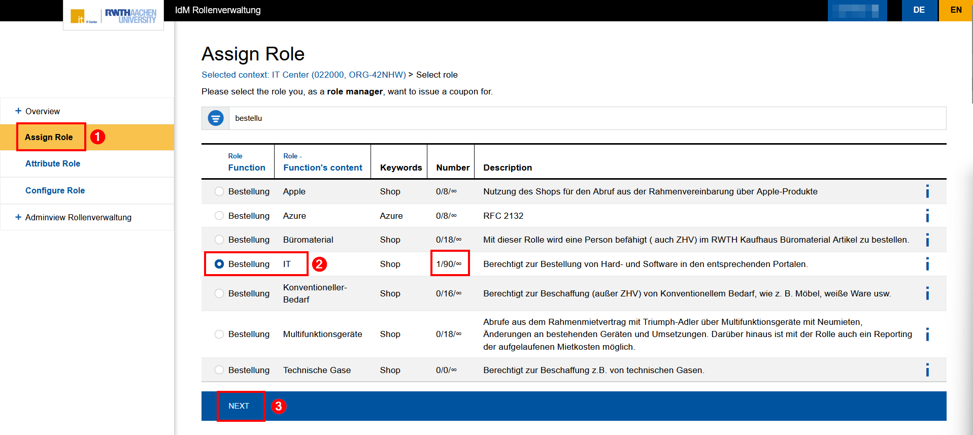 Screenshot of the “Assign role” page in role management. The roles are listed in a table with 5 columns: Role - Function, Role - Function's Content, Keywords, Number, and Description.  The "Next" button is below the table.