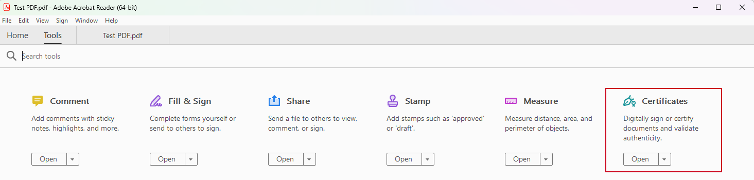 The Tools tab in Adobe Acrobat Reader. Tools are listed one after another in a single row. Each tool has an Open button.