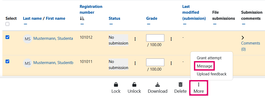 Screenshot: Table with a menu below. There, the option "More" is highlighted. The additional options "Grant attempt", "Message" and "Upload feedback" are displayed. "Message" is highlighted.