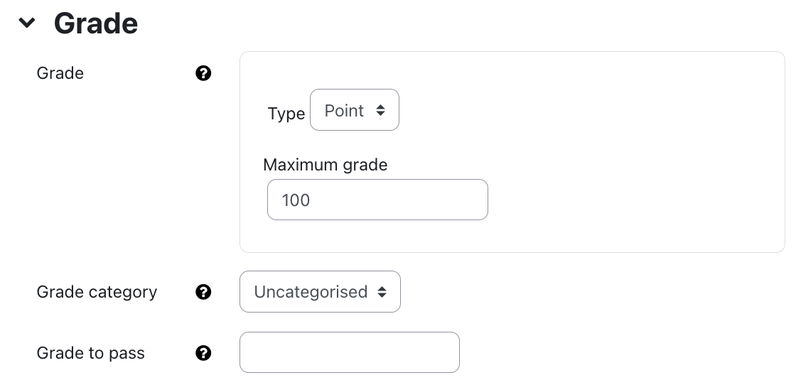 Section grade of attendance settings The Screenshot shows the options "Grade", "Grade category", "Grade to pass" in the "Rating" area. The "Point" option is selected in the "Type" drop-down menu. Below the "Type" option is another option "Maximum grade ". In the example, "100" is shown. The "Uncategorized" option is selected in the "Grade category" drop-down menu. No option is selected in the "Grade to pass" drop-down menu. Three question marks on the black circle are the links to more information about this field.
