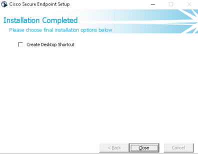 Das Bild zeigt ein Dialog-Fenster von Cisco Secure Endpoint mit der Meldung zur erfolgreichen Installation