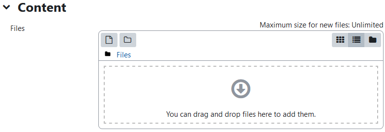 The screenshot shows the "Content" section. In "Files"there is a drag and drop area to accept files. A text indicates "Maximum size for new files: 250MB". above the drop area a row of symbols allows to add a new file, add a new folder, or change the way the files are displayed, here "Symbols", "List", and "Folder".