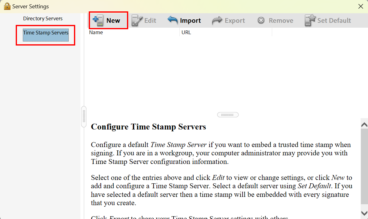Uhrzeitstempelserver einstellen Screenshot of the Server Settings. The button New is the first element in the Top-Navigation, next to Edit.