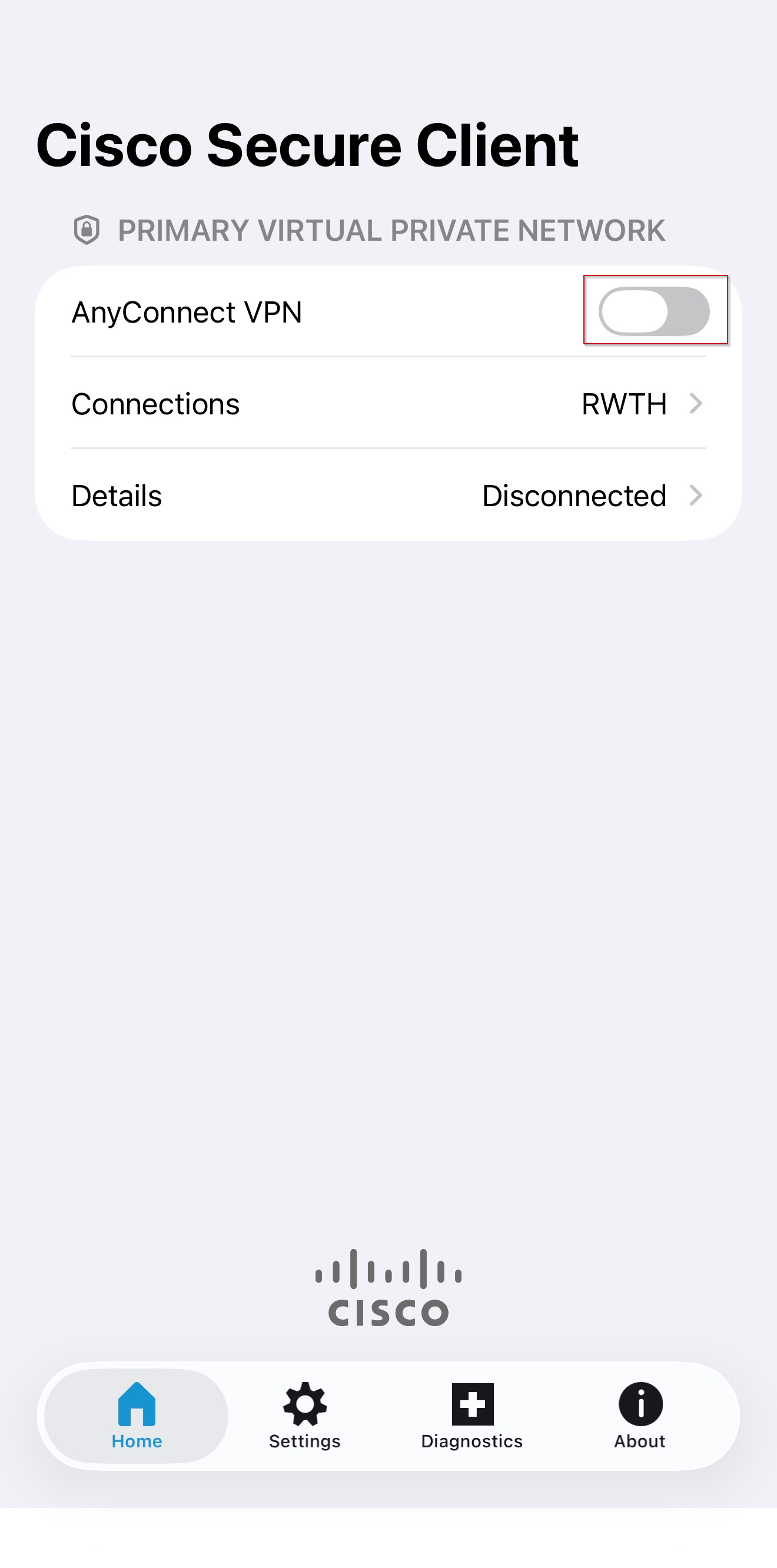 Cisco Secure Client App Home Screen