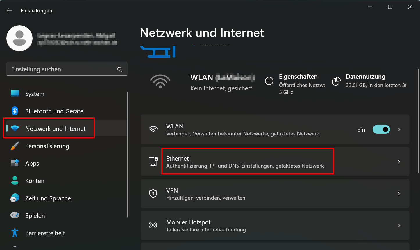 Screenshot der Einstellungen."Netzwerk und Internet" befindet sich zwischen "Bluetooth und Geräte" und "Personalisierung". "Ethernet" befindet sich zwischen "WLAN" und "VPN".