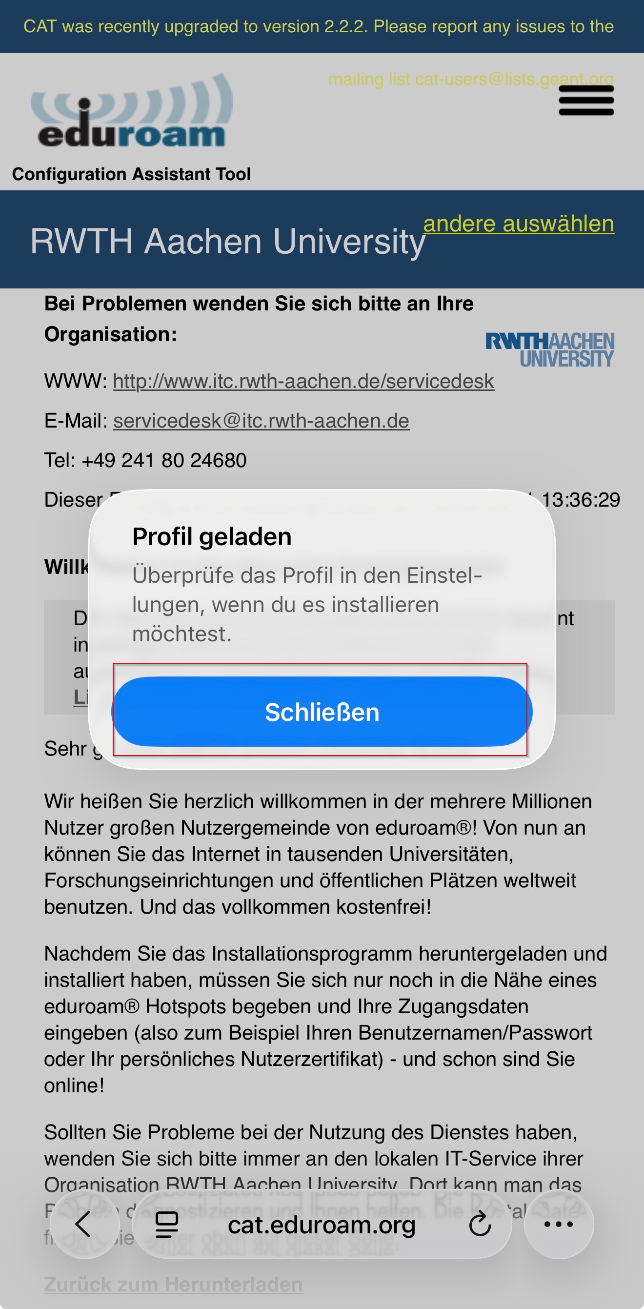 Popup-Fenster Profil geladen