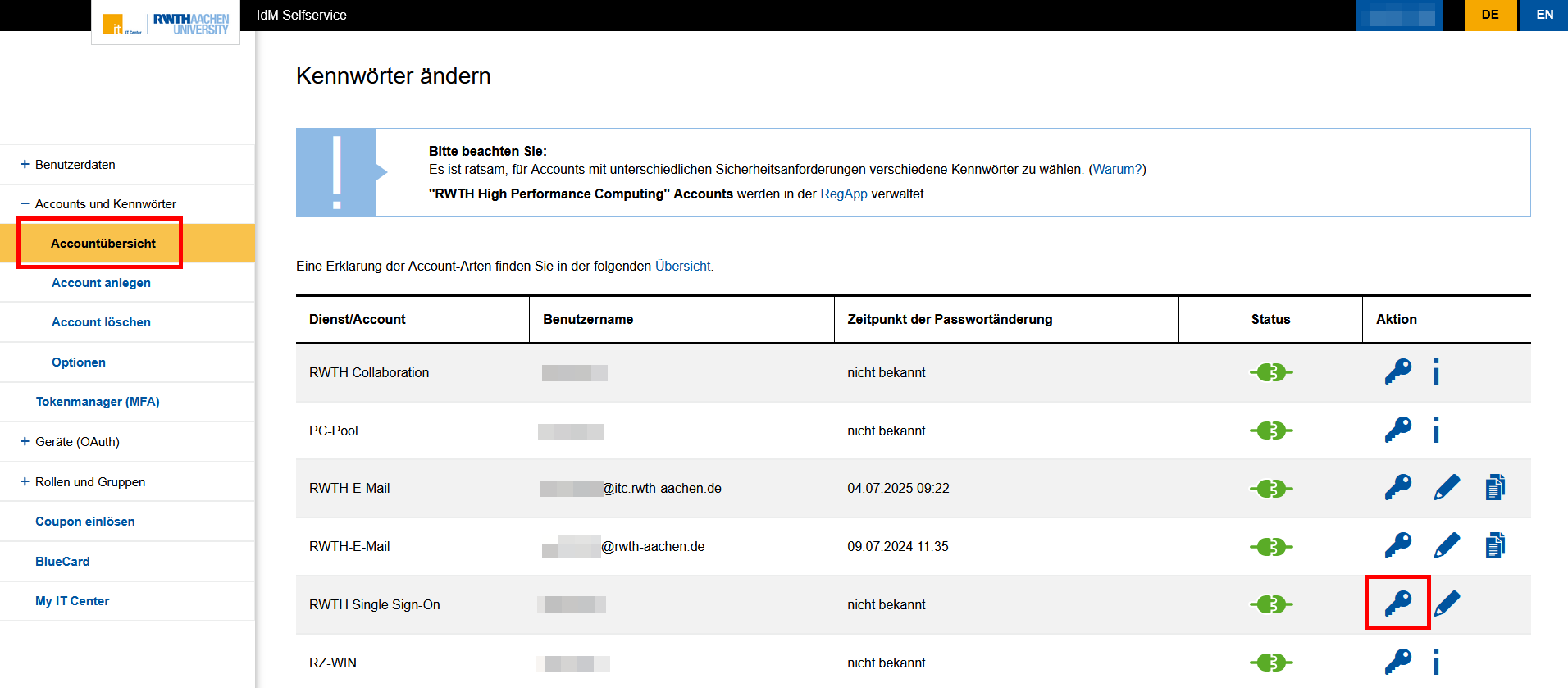 Screenshot der Seite Accountsübersicht. Die Seite heißt "Kennwort ändern". Die Dienste sind in einer Tabelle aufgelistet. Die Spalte "Aktion" ist die fünfte und letzte Spalte. Sind mehrere Symbole unter Aktion aufgelistet, ist das Schlüsselsymbol immer das erste.