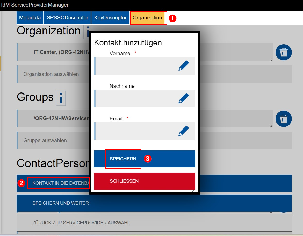 Screenshot des Pop-Up-Fensters "Kontakt in die Datenbank hinzufügen" klicken. Sie können den Vornamen, den Nachnamen und die E-Mail-Adresse hinzufügen. Darunter befinden sich die Schaltflächen "Speichern" und "Schließen".