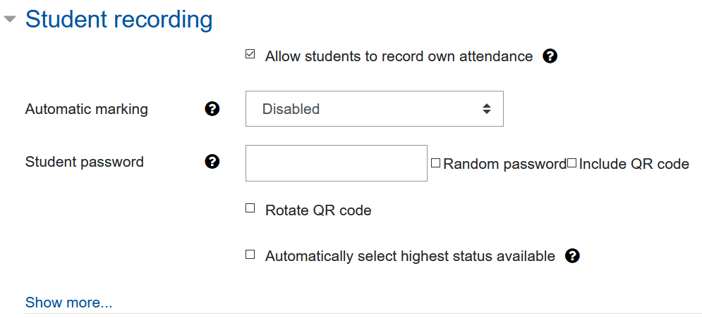 Settings for student recording Screenshot settings for student recording