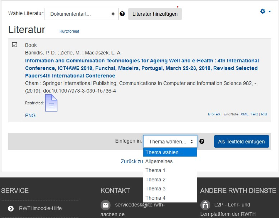 Literatur als Kennzeichnungsmittel im Kurs Der Bildschirmausschnitt zeigt einen Eintrag für ein Buch in der Literaturliste in Langformat. Unterhalb des Eintrages ist das Dropdown-Menü "Einfügen in" ausgeklappt, die Optionen "Allgemeines", "Thema 1", "Thema 2", "Thema 3" und "Thema 4" stehen zur Verfügung. Die Schaltfläche "Als Textfeld einfügen" befindet sich rechts des Dropdown-Menüs.