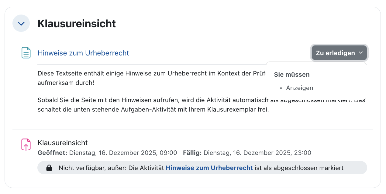 Screenshot: Hinweise zur Klausureinsicht. Der Button "Zu erledigen" ist ausgewählt.