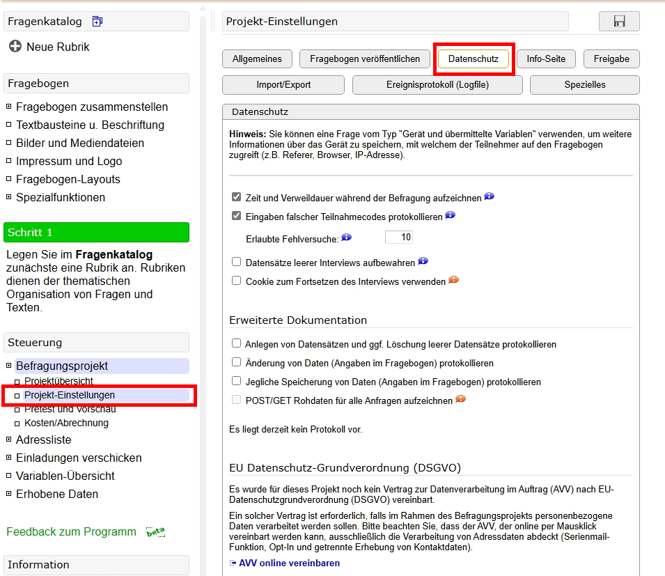 Screenshot der Projekt-Einstellungen. "Datenschutz" ist der dritte von 7 Reitern.