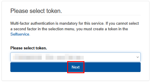 Screenshot of the “Please select token” page. Below the text is a drop-down menu where you can select a token. Below that is the "Next" button.