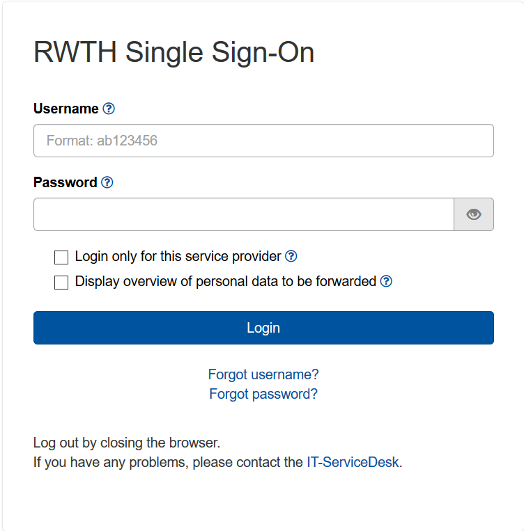 The picture shows the RWTH Single Sign-On mask The picture shows the RWTH Single Sign-On mask