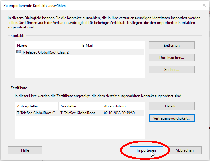 Stammzertifikat importieren Stammzertifikat importieren