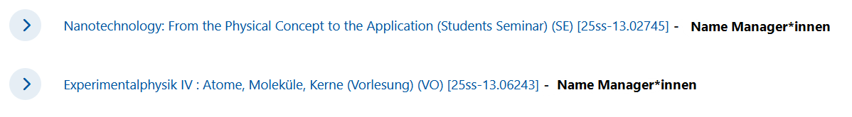 Screenshot: Lernräume mit Ausklapppfeil und Angabe "Name Manager*innen"